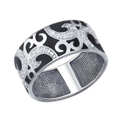 Серебряное кольцо с узором и чёрной эмалью
