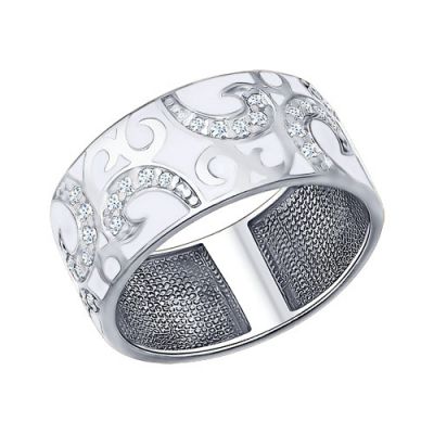 Серебряное кольцо с узором и белой эмалью