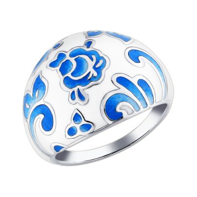 Кольцо с бело-голубой эмалью