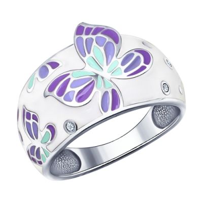 Кольцо с бабочками и фиолетовой эмалью