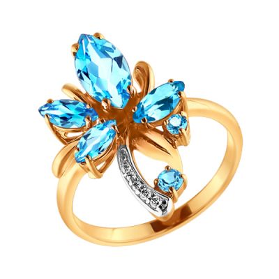 Необычное золотое кольцо с топазами и фианитами