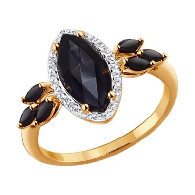 Золотое кольцо с черным агатом и фиантами