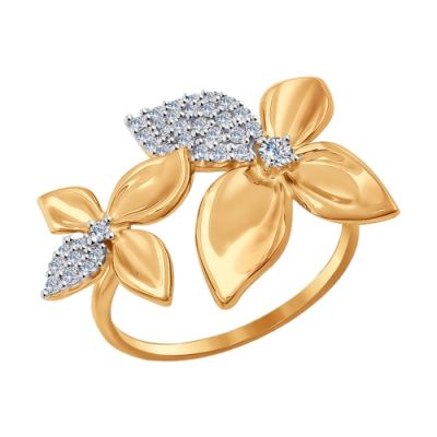 Золотое кольцо с цветами украшенными фианитами