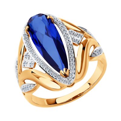 Золотое кольцо с бриллиантами и сапфиром(синт.)
