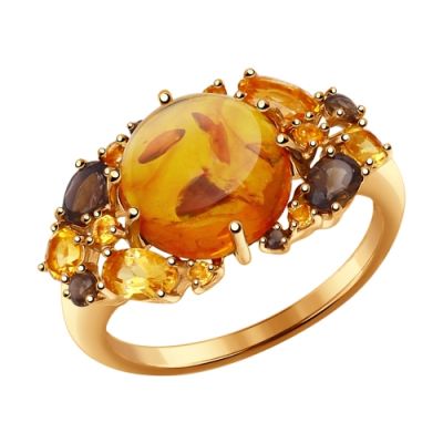 Кольцо из золота с янтарём, раухтопазом и цитрином