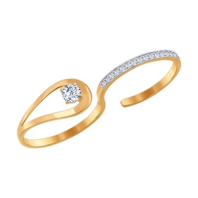 Изящное кольцо на два пальца из золота с фианитами