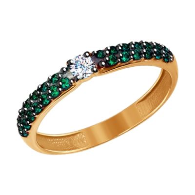 Золотое кольцо с двойной зелёной дорожкой фианитов