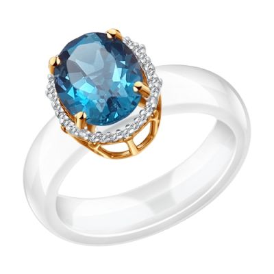 Тонкое керамическое кольцо с крупным топазом london blue