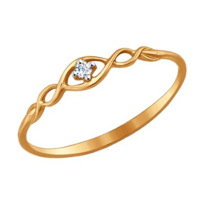 Тонкое золотое кольцо «Переплетение» с фианитом