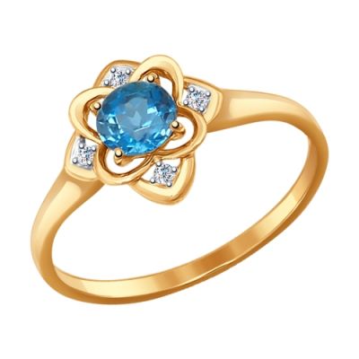 Кольцо из золота «Цветок» с топазом London blue и фианитами
