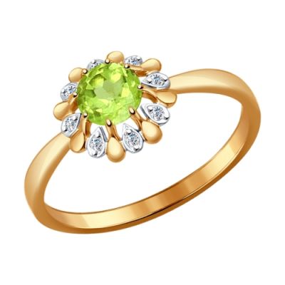 Золотое кольцо с хризолитом и фианитами в форме цветка