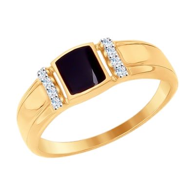 Золотое кольцо с чёрной эмалью и фианитами