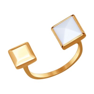 Золотое кольцо с белым ситаллом и квадратным элементом