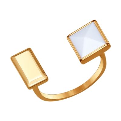 Золотое кольцо с белым ситаллом и прямоугольным элементом