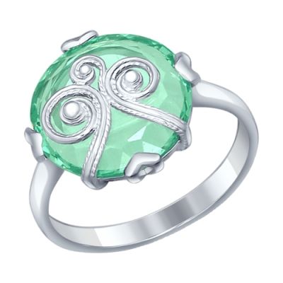 Кольцо со сканью из серебра и круглой зеленой вставкой