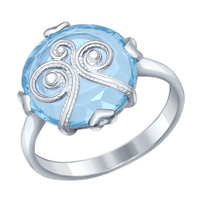 Кольцо со сканью из серебра и круглой голубой вставкой