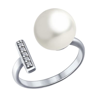 Серебряное кольцо с жемчугом и прямоугольным элементом