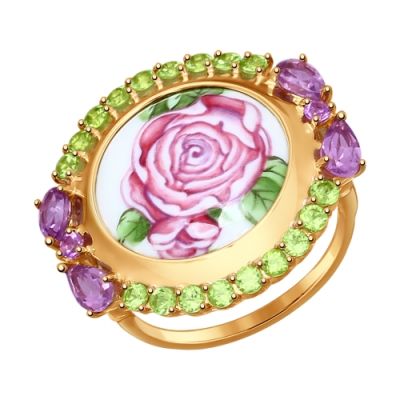 Золотое кольцо с финифтью «Роза»