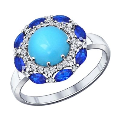 Серебряное кольцо «Цветок» с бирюзой и фианитами