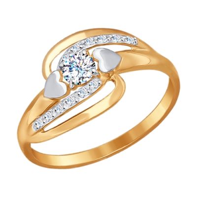 Золотое кольцо «Сердечки» с фианитами