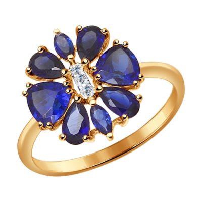 Золотое кольцо в форме цветка с корундами сапфировыми