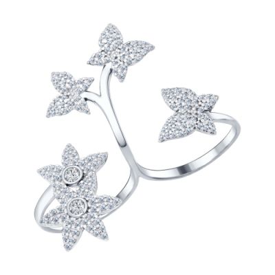 Серебряное кольцо на два пальца с фианитами «Цветы и бабочки»