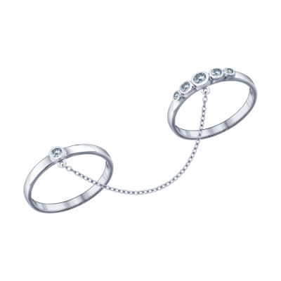 Серебряное кольцо на два пальца с фианитами и цепочкой