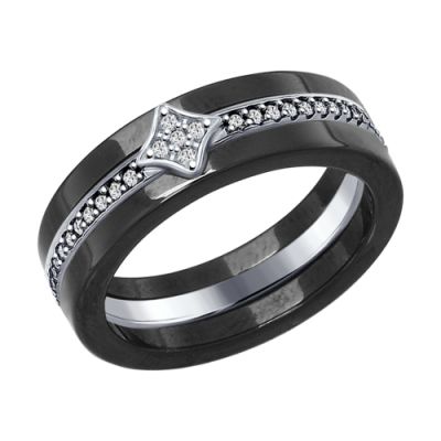 Серебряное кольцо с чёрной керамикой и фианитами