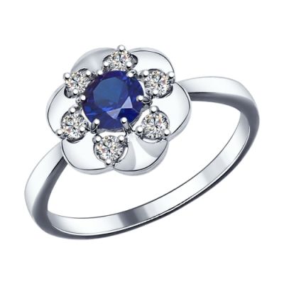 Серебряное кольцо «Цветок» с фианитами и сапфировым корундом