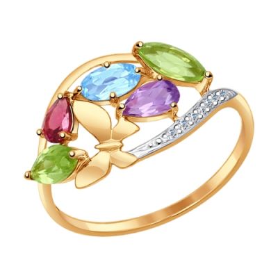 Красивое золотое кольцо «Бабочка» с камнями разного цвета