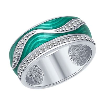 Серебряное кольцо с зеленой эмалью и фианитами