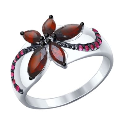Серебряное кольцо «Цветок» с гранатами и фианитами