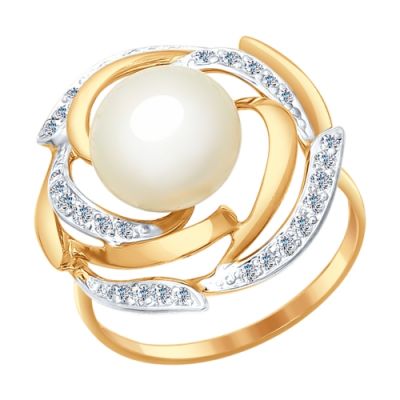 Оригинальное золотое кольцо с жемчугом и фианитами