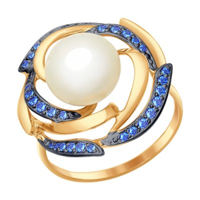 Оригинальное золотое кольцо с жемчугом и синими фианитами