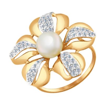 Золотое кольцо «Цветок» с жемчугом и фианитами