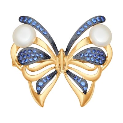 Золотая брошь «Бабочка» с жемчугом и синими фианитами