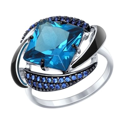 Серебряное кольцо с синим наноситаллом, эмалью и фианитами