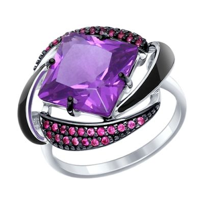 Серебряное кольцо с фиолетовым наноситаллом, эмалью и фианитами