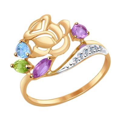 Золотое кольцо «Роза» с камнями разного цвета