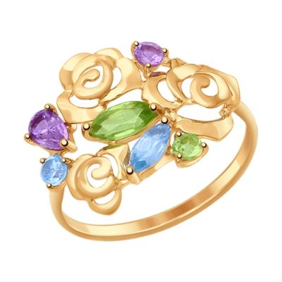 Золотое кольцо «Розы» с камнями разного цвета