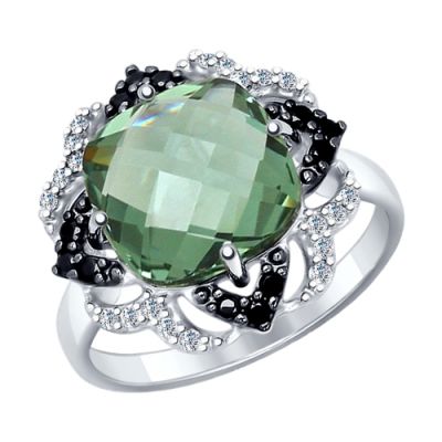 Серебряное кольцо с квадратным кварцем и фианитами разного цвета