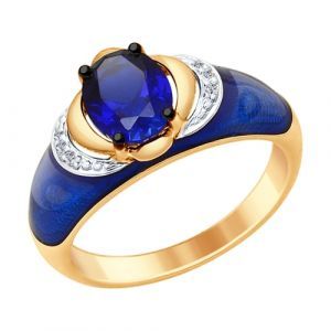 Золотое кольцо с сапфировым корундом, эмалью и бриллиантами