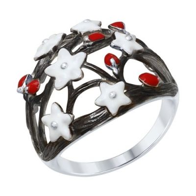 Кольцо из серебра «Цветы» с черной, красной и белой эмалью