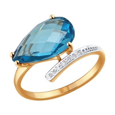 Золотое кольцо с голубым ситалом и фианитами