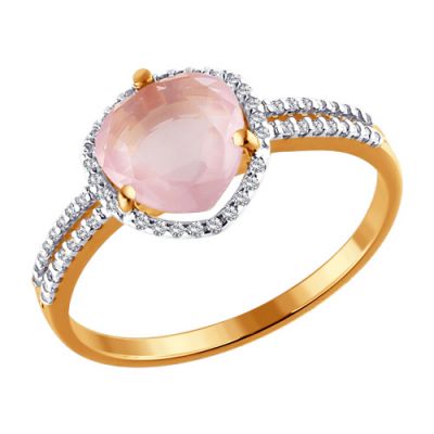 Золотое кольцо с розовым кварцем огранки триллион