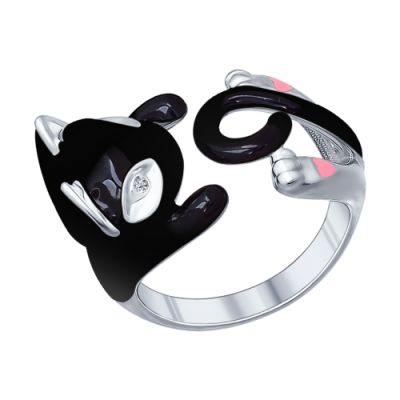 Серебряное кольцо в виде кошки с черной эмалью