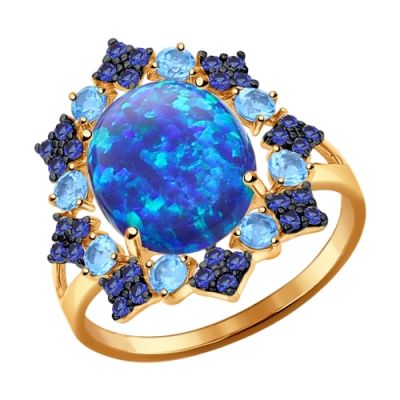Золотое кольцо с синим опалом и топазами