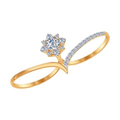Золотое кольцо на два пальца со swarovski