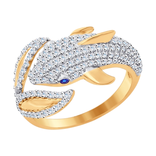 Золотое кольцо «Дельфин» с фианитами фото