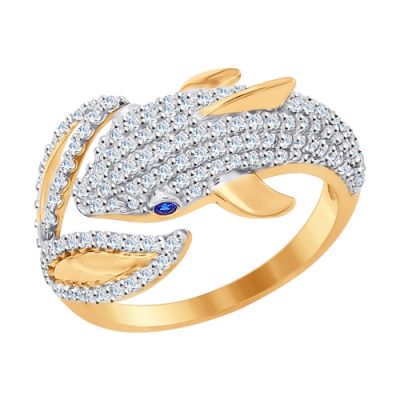Золотое кольцо «Дельфин» с фианитами